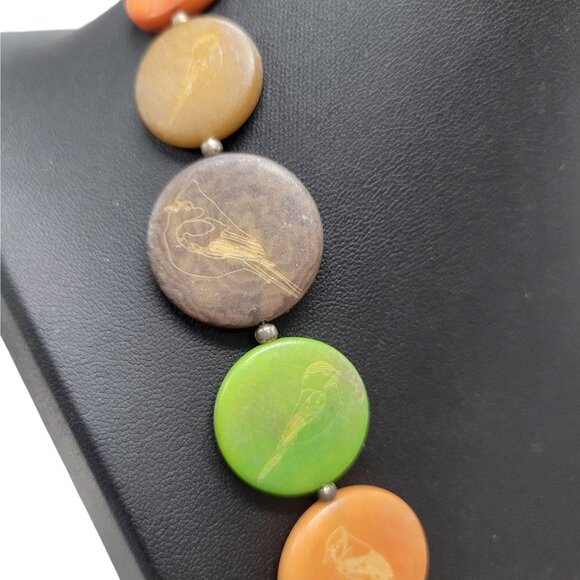 Leju Handmade Necklace Vegan Vegetable Ivory Engraved Bird 18" Earth-Tone Round - Picture 4 of 10